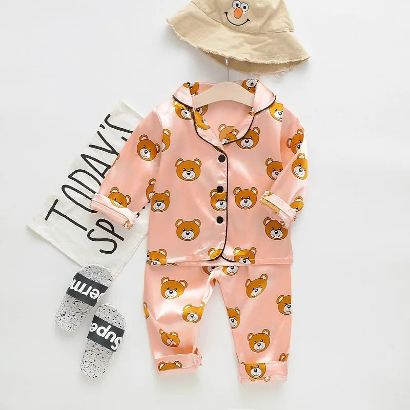 Toddler baby kids silk satin pajamas pyjamas set sleepwear suit boys girls sleep two piece set autumn kids loungewear