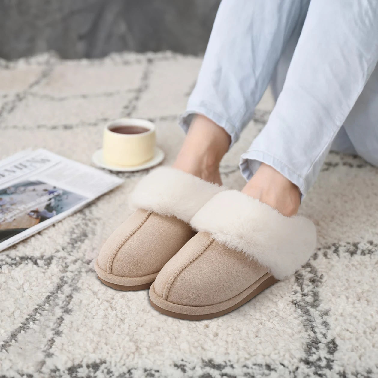 Suede Fur Slides warm winter slipers Luxury Comfort for Women brown grey beige black colours available great gift!