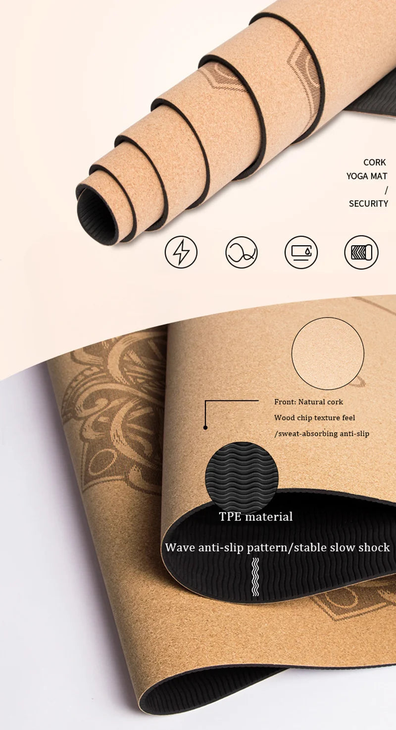 Mandala natural sustainable eco friendly 4mm natural cork TPE printed Yoga Pilates mat for inner peace and harmony with this with Non-slip design and sweat-absorbing properties, complete with carry bag"