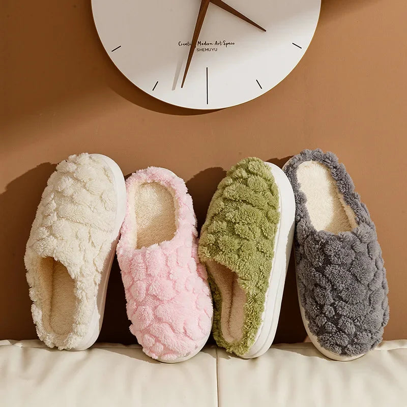 New plush slippers for couples warm home elegance for couples, featuring thickened anti-slip bottoms, baotou design, and luxurious cotton comfort