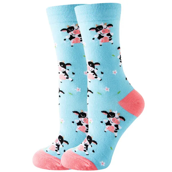 Women's or girl's middle tube cotton socks with animal and plant patterns, a colorful collection