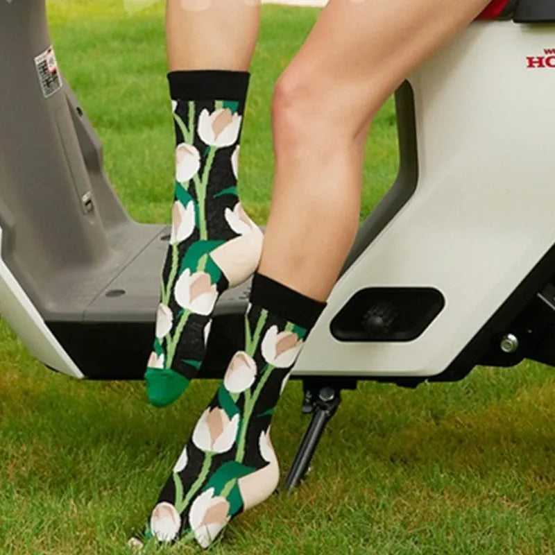 Women's or girl's middle tube cotton socks with animal and plant patterns, a colorful collection