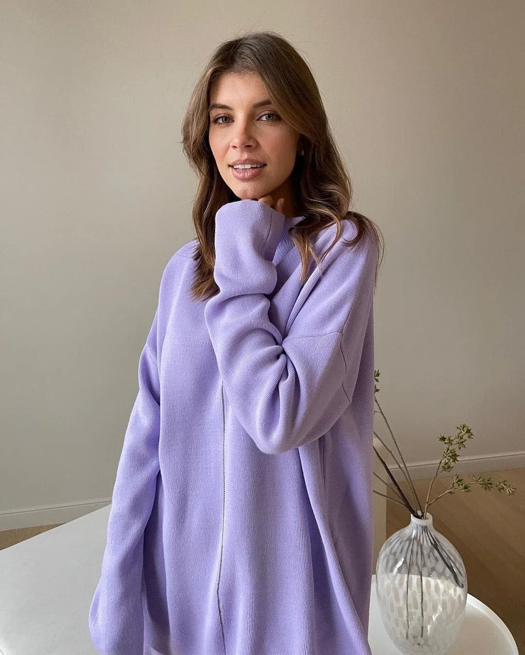 Knitted 2 piece turtleneck sweater wide leg pants sleepwear set women loungewear indoors cozy outfit