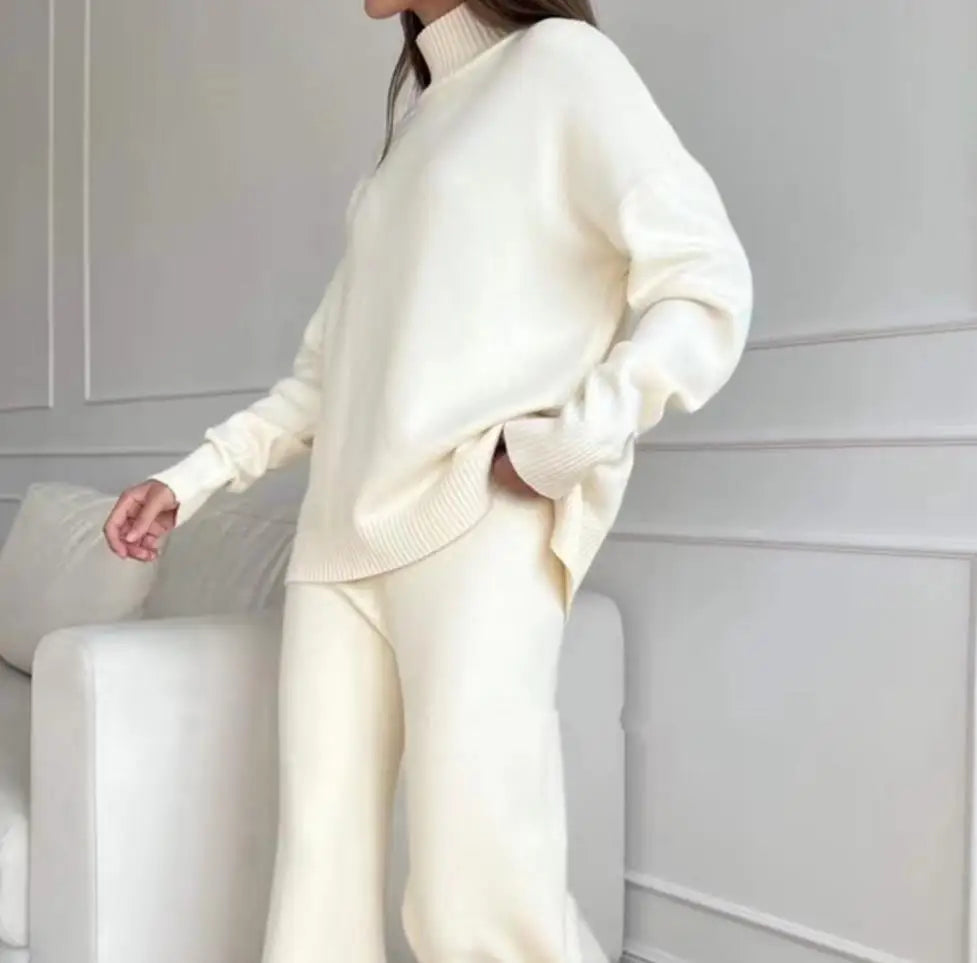 Cozy knitted winter pajama pyjama tracksuit set turtleneck sleepwear loungewear for Women