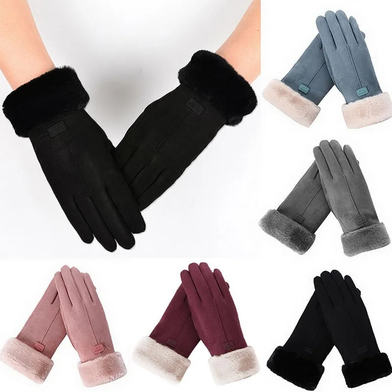 winter female cashmere feel warm suede leather mittens with double thick velvet plush cozy touch screen driving gloves