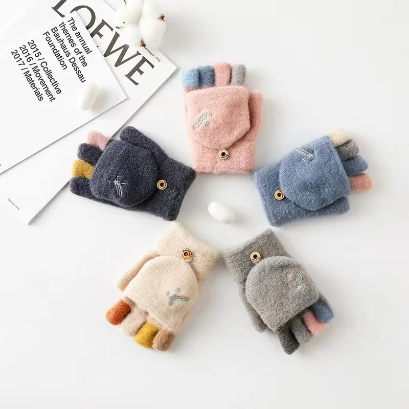 Thick warm flip fingerless gloves for girls for a winter fashion statement