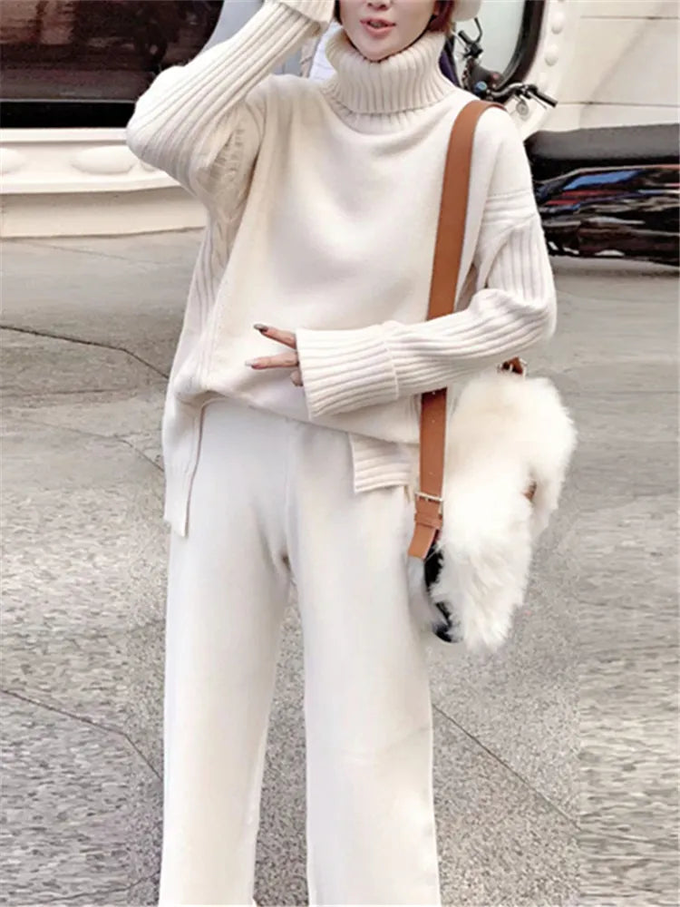 New knitted tracksuit - turtleneck sweater and wide leg jogging pant pullover set for autumn winter