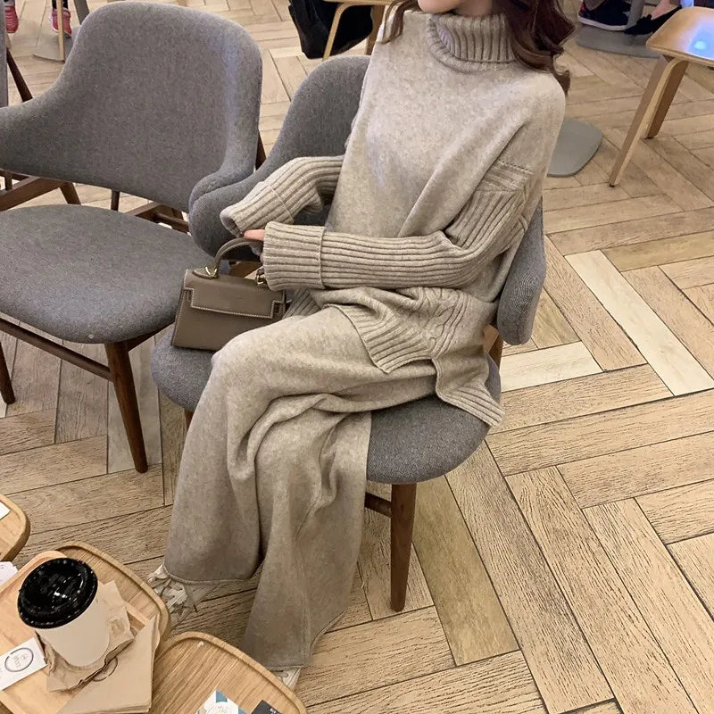 New knitted tracksuit - turtleneck sweater and wide leg jogging pant pullover set for autumn winter