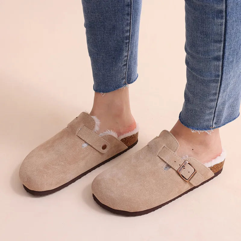 Winter com warm fur clogs for women luxurious cork mules and fuzzy slippers with short plush, perfect indoor-outdoor warmth and style