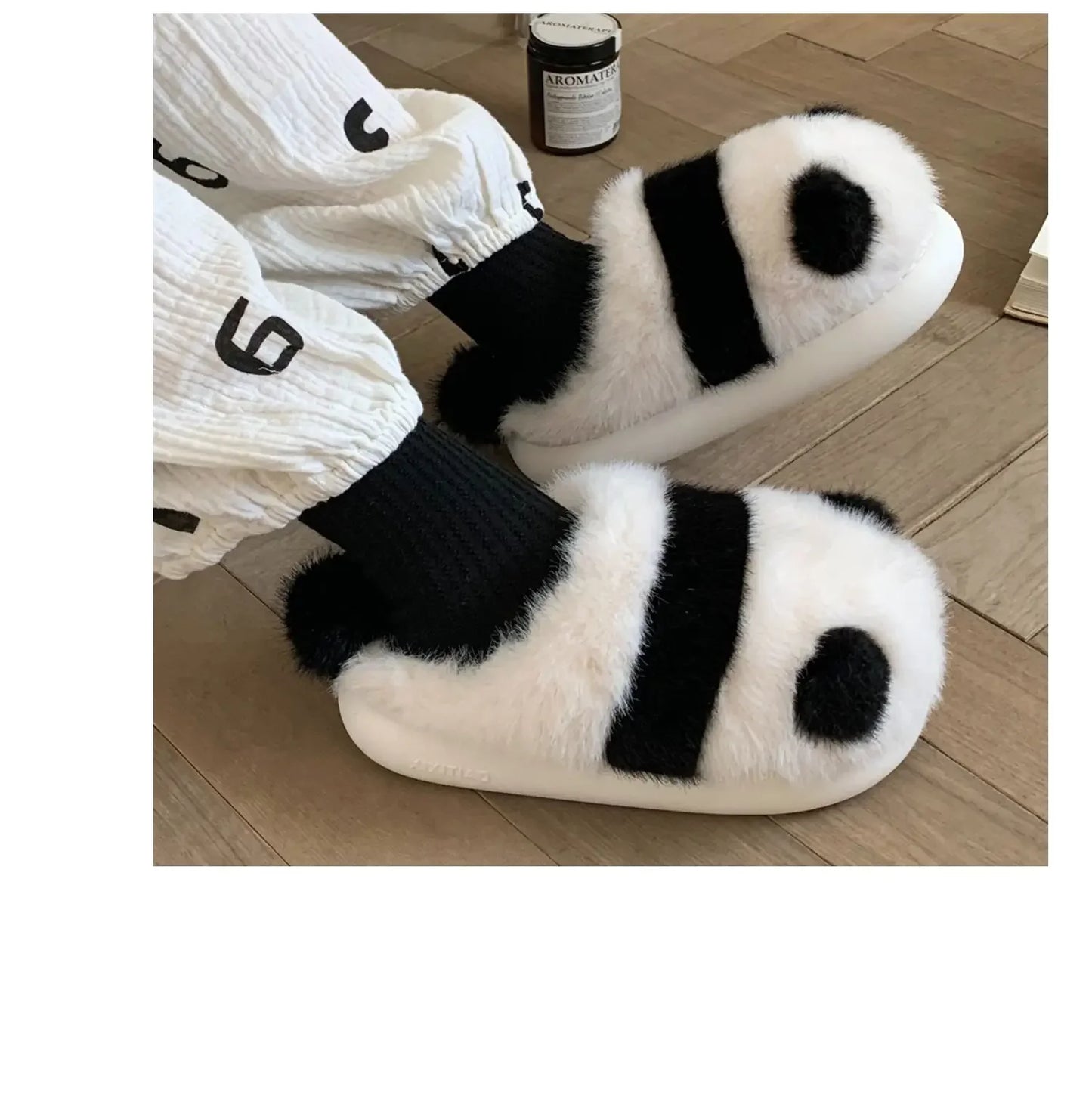 Cozy fluffy indoor Panda Slippers for winter for winter with platform sole women cute design