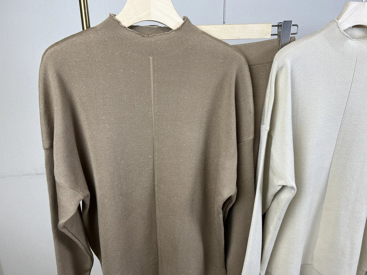 Knitted 2 piece turtleneck sweater wide leg pants sleepwear set women loungewear indoors cozy outfit