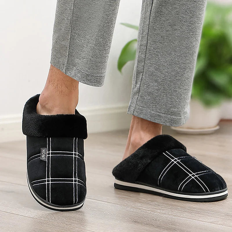 Memory foam plaid house slippers for men for winter warmth, non-slip comfort