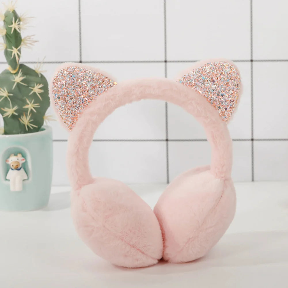 Whimsical winter vibes in 6 adorable colors in cute cat ear plush earmuffs for kids with shiny sequin headband