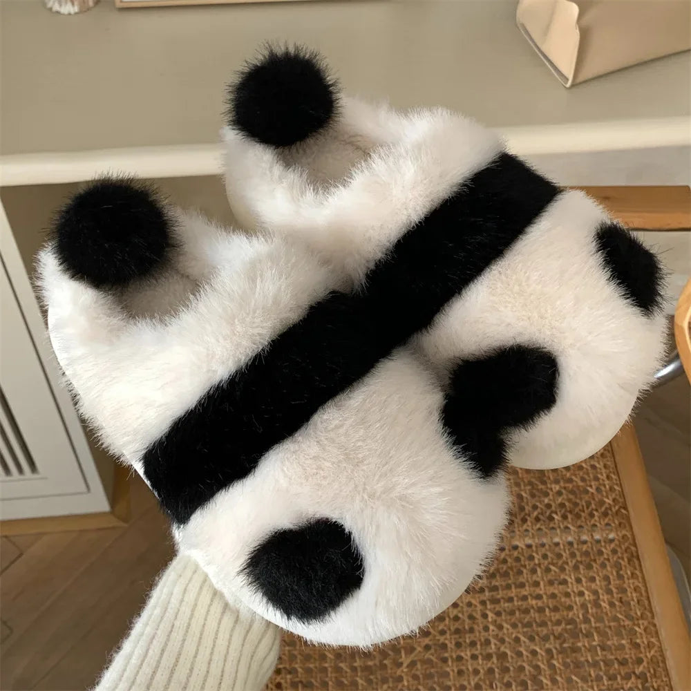 Cozy fluffy indoor Panda Slippers for winter for winter with platform sole women cute design