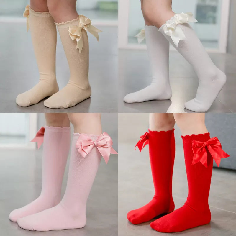 Warm & cute winter autumn kids knee high socks with big bow for 0-5 years