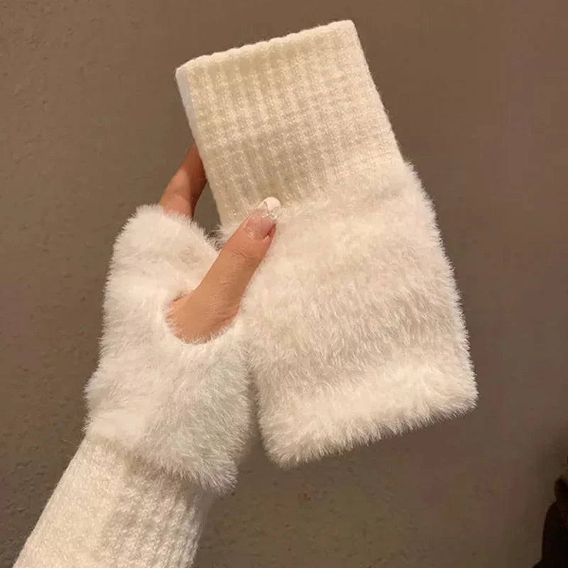 Winter luxury with mink fleece fingerless gloves