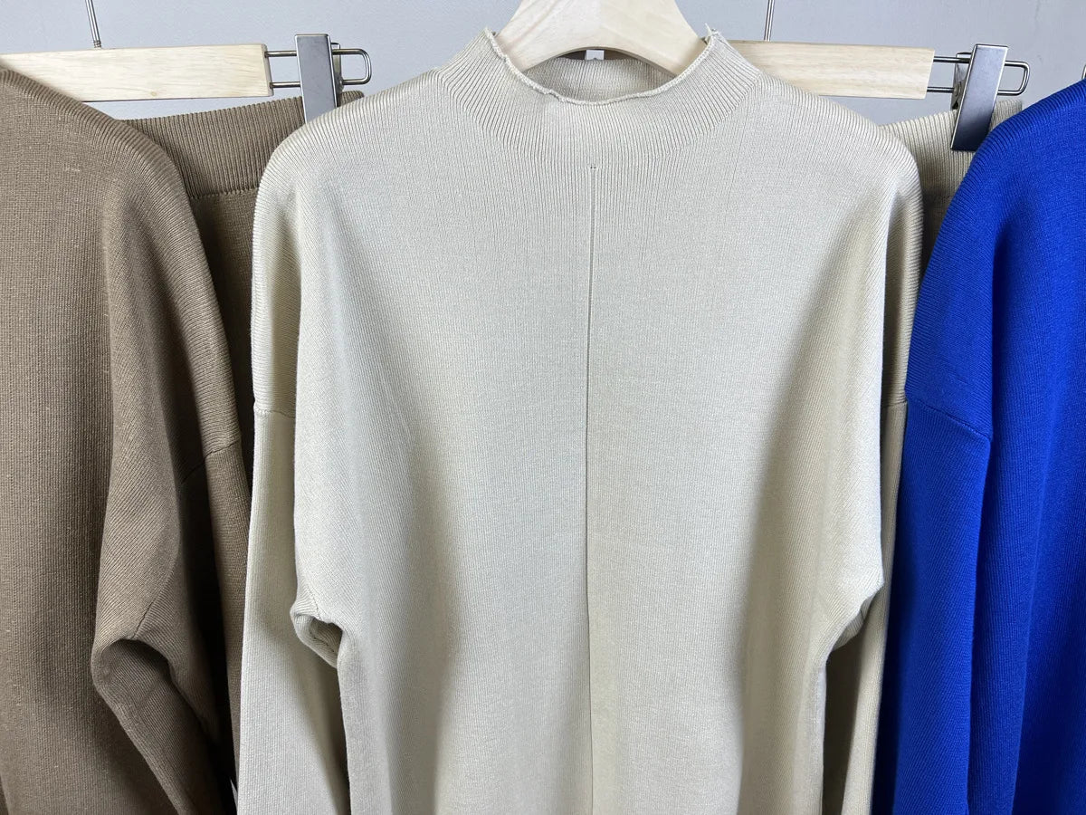 Knitted 2 piece turtleneck sweater wide leg pants sleepwear set women loungewear indoors cozy outfit