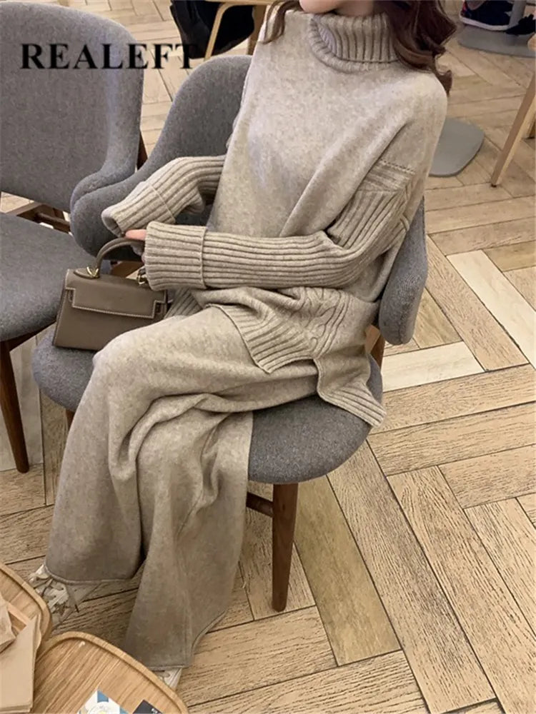 New knitted tracksuit - turtleneck sweater and wide leg jogging pant pullover set for autumn winter