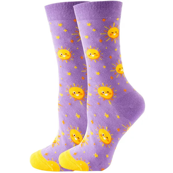 Women's or girl's middle tube cotton socks with animal and plant patterns, a colorful collection