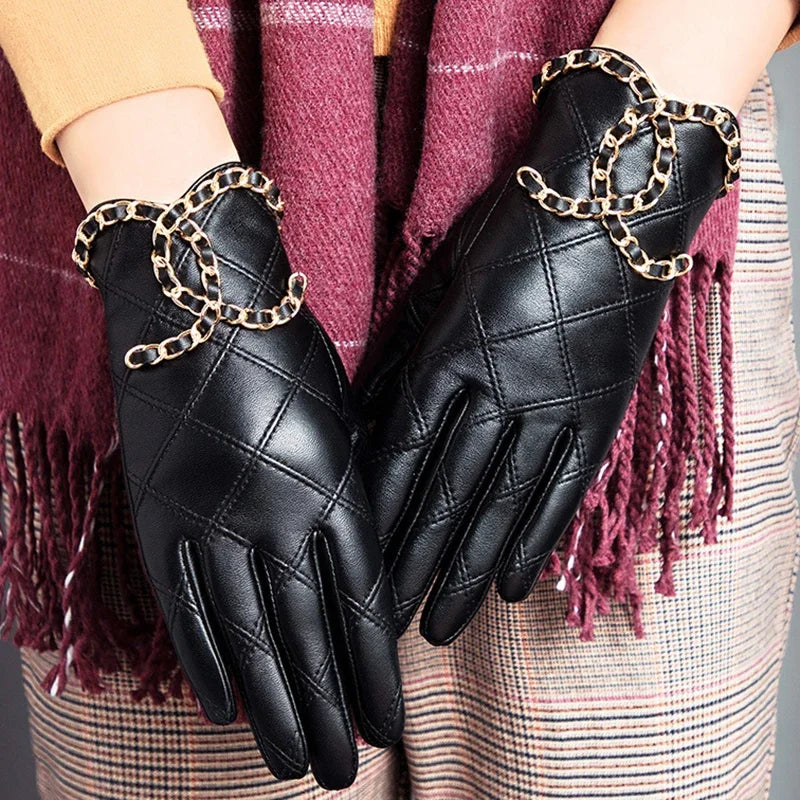 Womens Genuine Sheepskin Leather Gloves, Punk Cycling Outdoor Touch Screen Full Finger Gloves