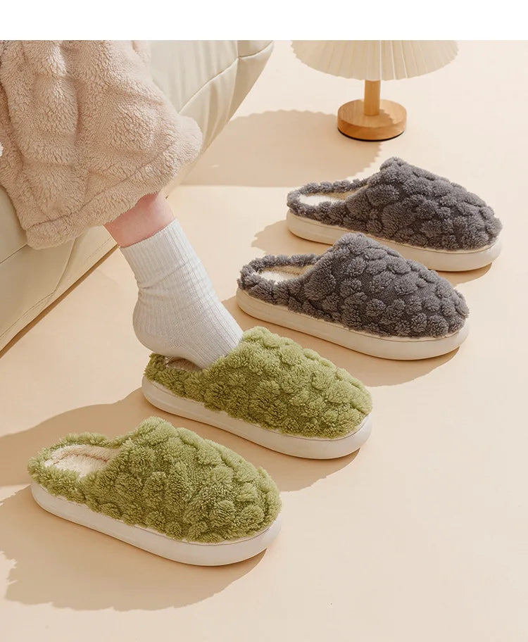 New plush slippers for couples warm home elegance for couples, featuring thickened anti-slip bottoms, baotou design, and luxurious cotton comfort