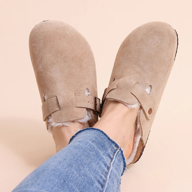 Winter com warm fur clogs for women luxurious cork mules and fuzzy slippers with short plush, perfect indoor-outdoor warmth and style