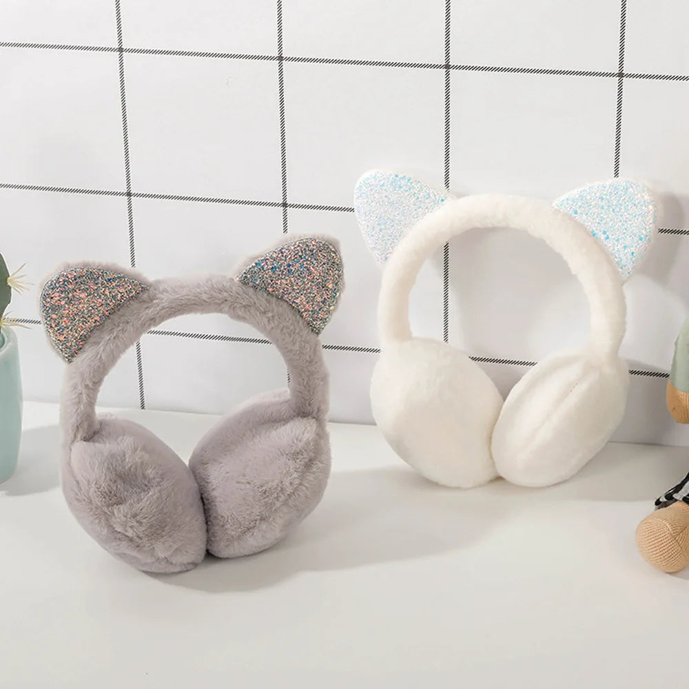 Whimsical winter vibes in 6 adorable colors in cute cat ear plush earmuffs for kids with shiny sequin headband