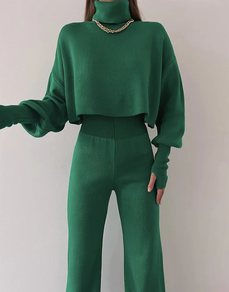 Women's comfortable knitted set with long sleeve top and wide leg pants for a fashionable casual look