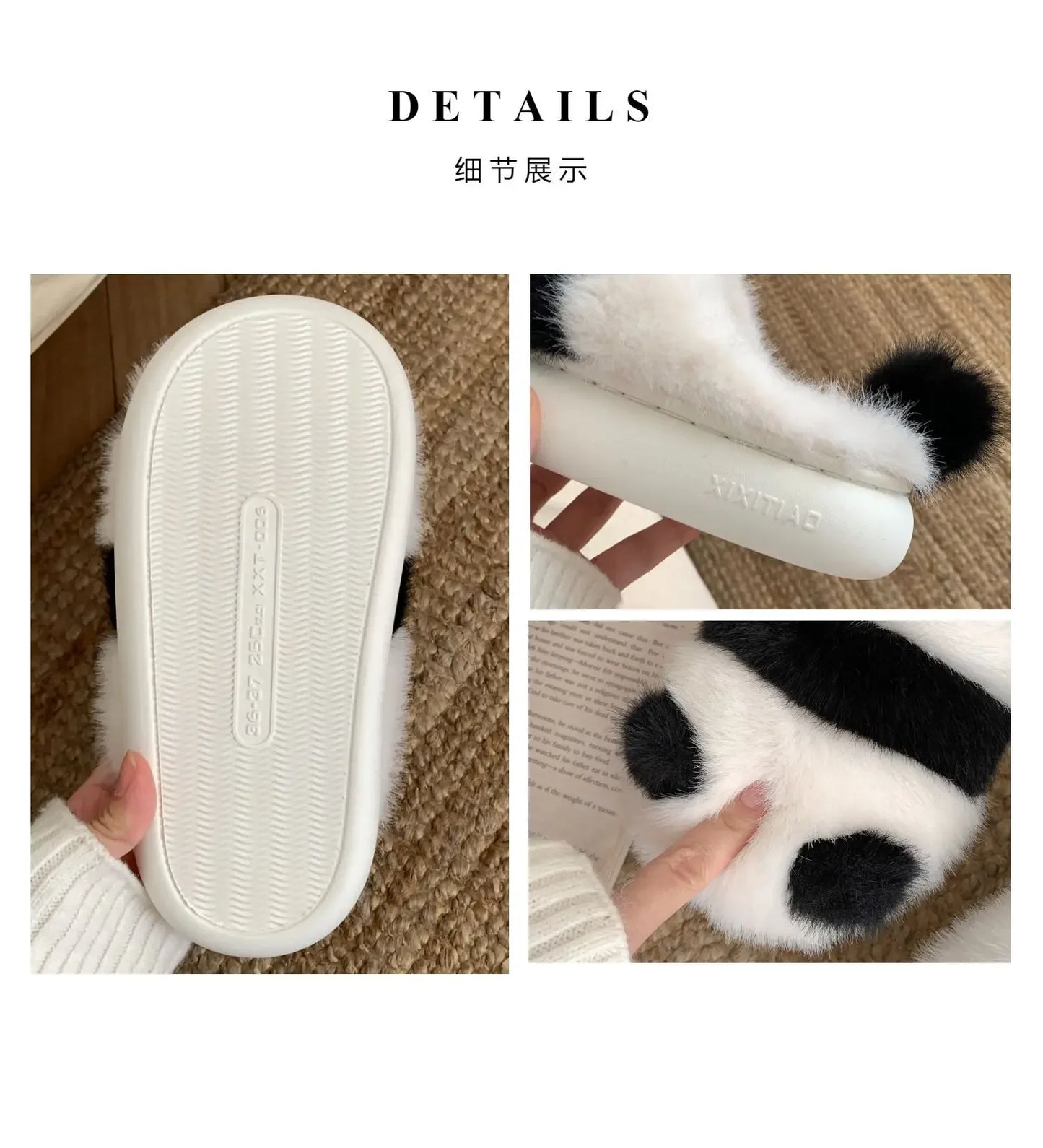 Cozy fluffy indoor Panda Slippers for winter for winter with platform sole women cute design