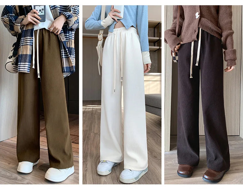 Women's Long Fleece-Lined Pants for autumn and winter. Featuring a flattering high waist and wide-leg silhouette, these pants offer both warmth and timeless elegance
