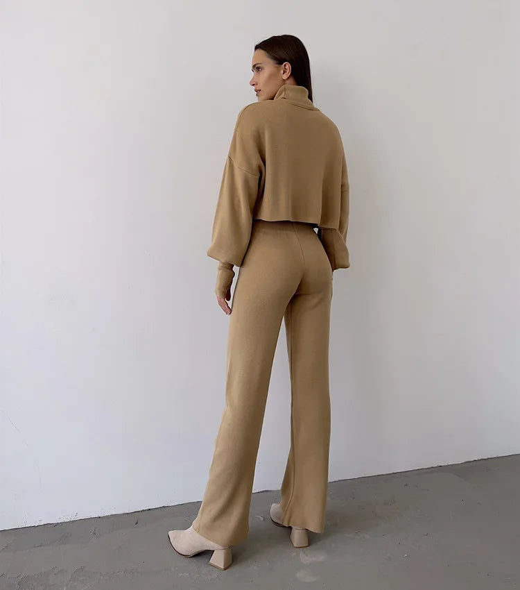 Women's comfortable knitted set with long sleeve top and wide leg pants for a fashionable casual look