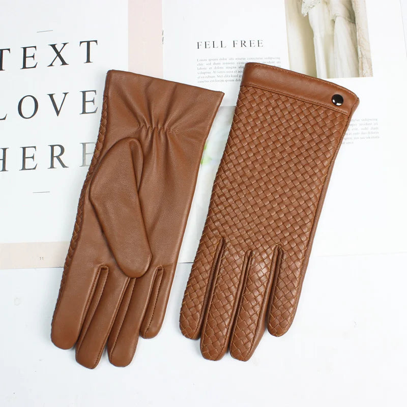 New women's sheepskin gloves with touch screen ability woven warmth and high-end knitted lining for luxe driving style