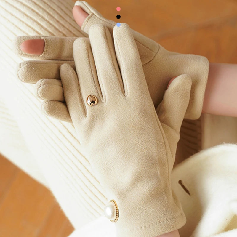 Women winter warm clamshell touch screen pearl gloves fashion elegant retro luxury fleece soft drive gloves