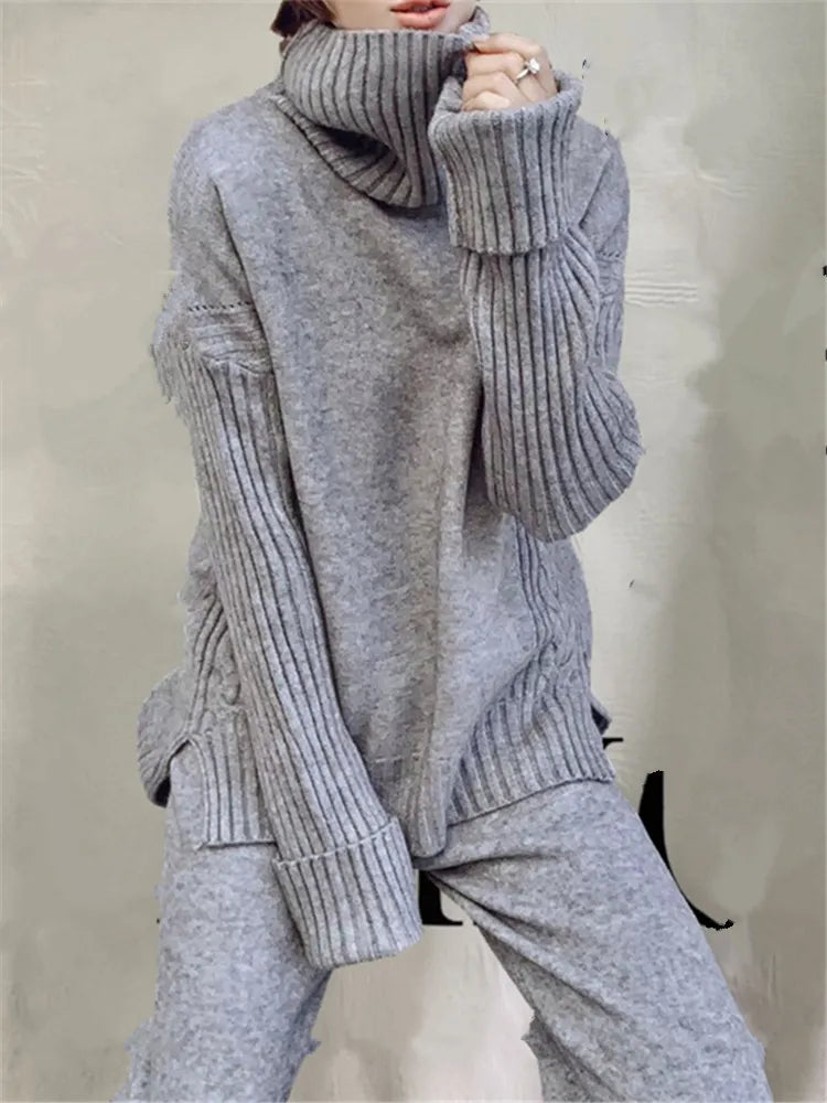 New knitted tracksuit - turtleneck sweater and wide leg jogging pant pullover set for autumn winter