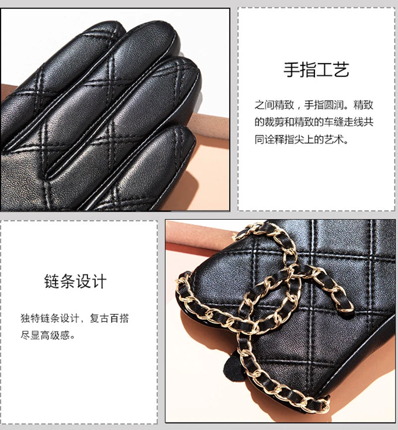 Womens Genuine Sheepskin Leather Gloves, Punk Cycling Outdoor Touch Screen Full Finger Gloves