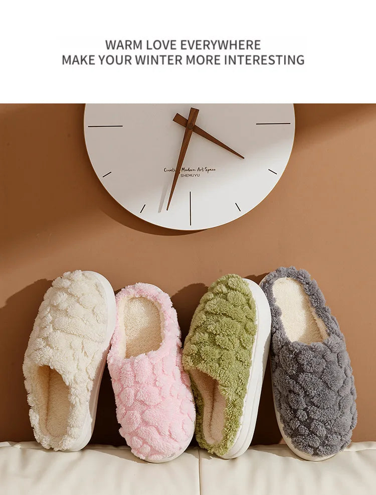 New plush slippers for couples warm home elegance for couples, featuring thickened anti-slip bottoms, baotou design, and luxurious cotton comfort