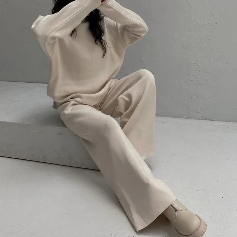Knitted 2 piece turtleneck sweater wide leg pants sleepwear set women loungewear indoors cozy outfit
