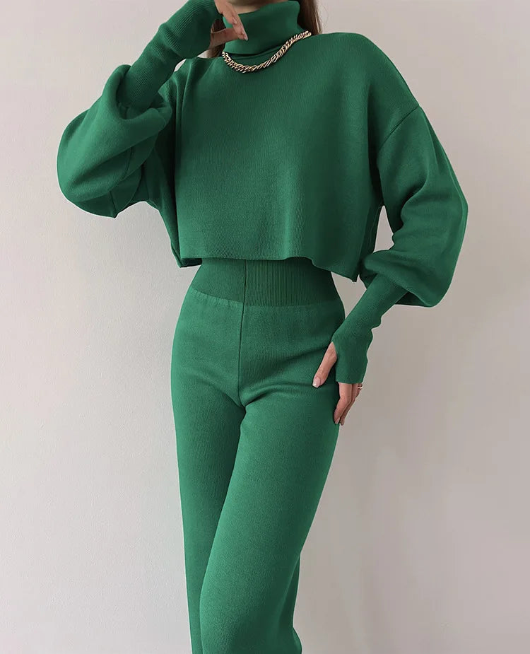 Women's comfortable knitted set with long sleeve top and wide leg pants for a fashionable casual look