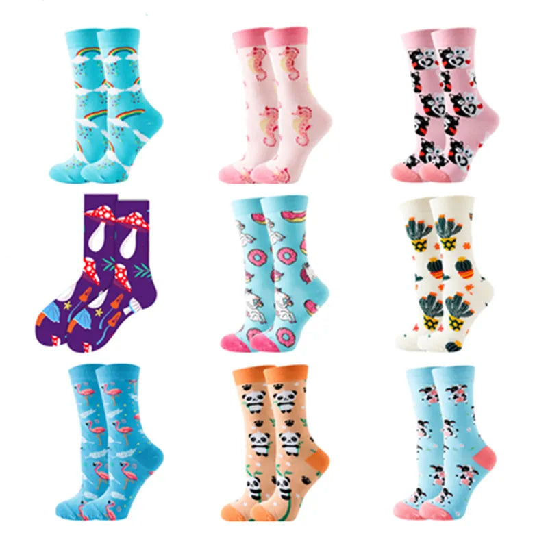 Women's or girl's middle tube cotton socks with animal and plant patterns, a colorful collection