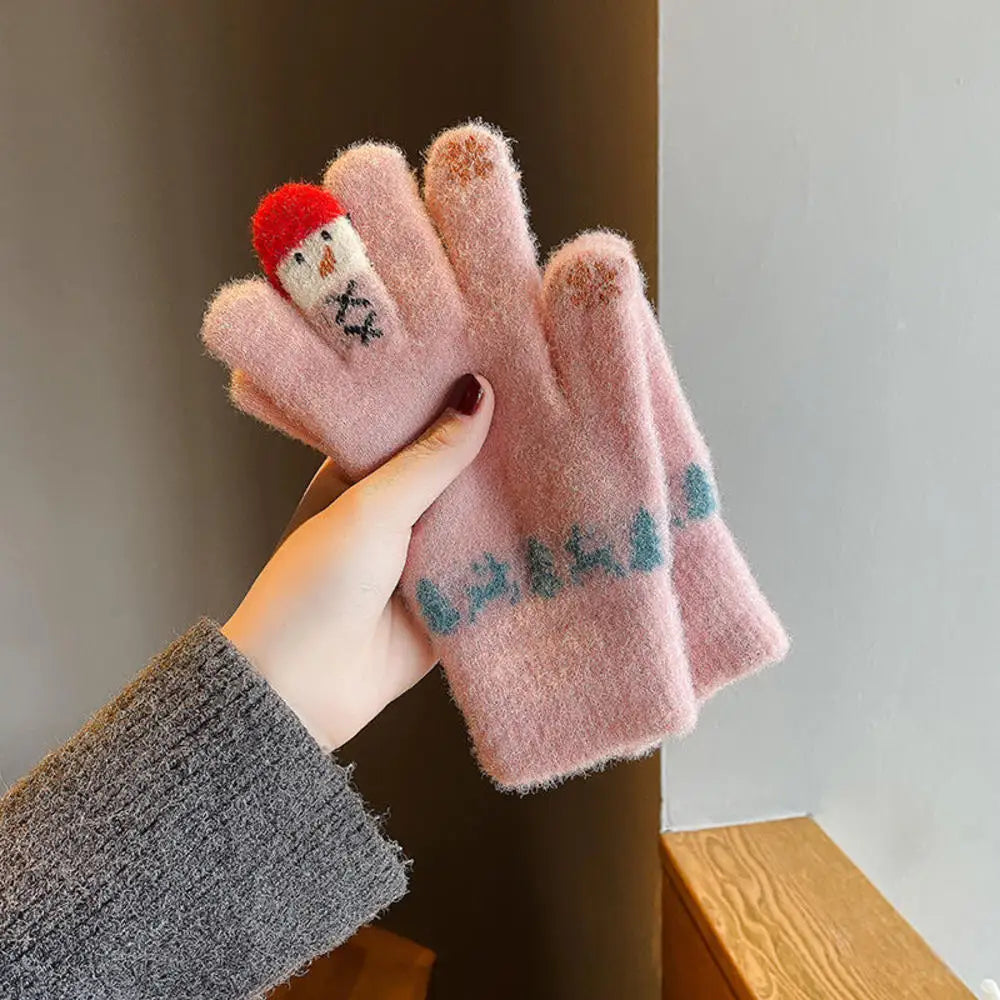 Winter warmth with cat and bird printed thermal knitted cashmere feel gloves - energize your cold days with cozy comfort women or teens girls gloves
