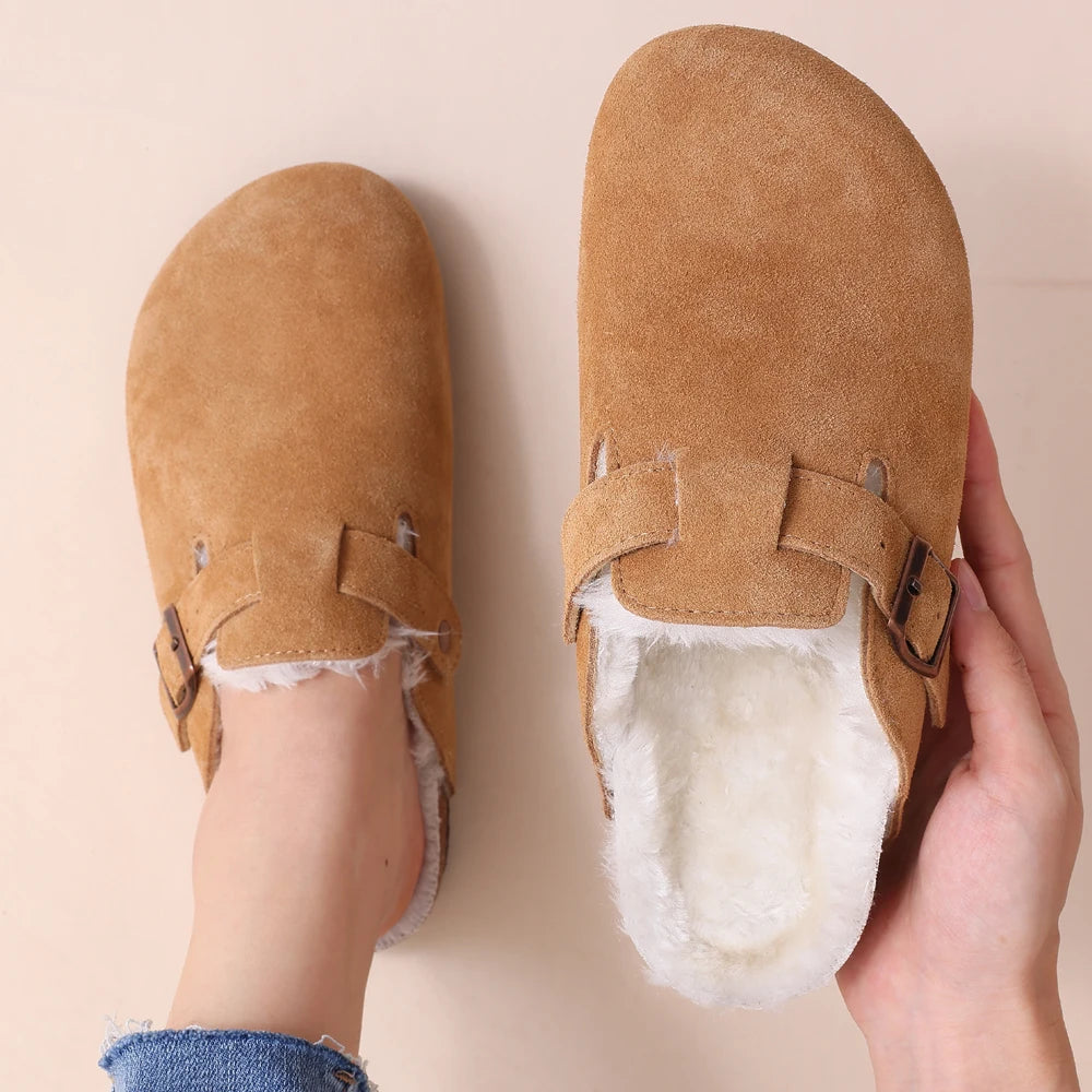 Winter com warm fur clogs for women luxurious cork mules and fuzzy slippers with short plush, perfect indoor-outdoor warmth and style