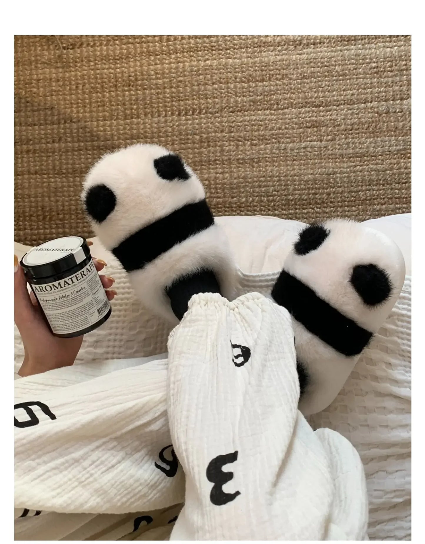 Cozy fluffy indoor Panda Slippers for winter for winter with platform sole women cute design