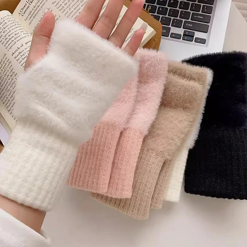 Winter luxury with mink fleece fingerless gloves