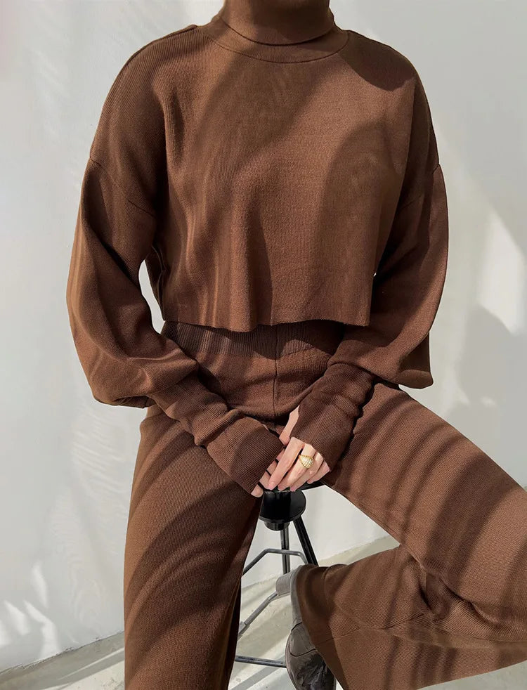 Women's comfortable knitted set with long sleeve top and wide leg pants for a fashionable casual look