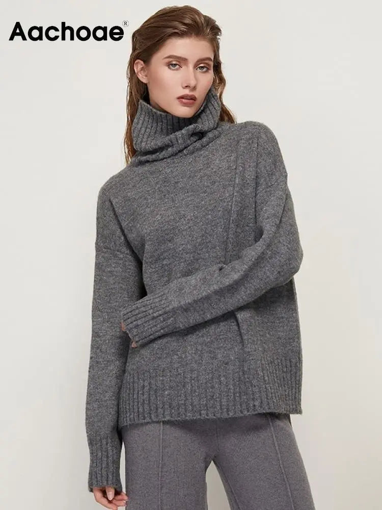 Sophisticated solid knitted two-piece set with turtleneck batwing sweater and casual wide leg pants loungewear set