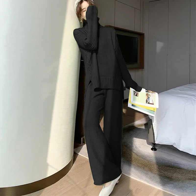 New knitted tracksuit - turtleneck sweater and wide leg jogging pant pullover set for autumn winter