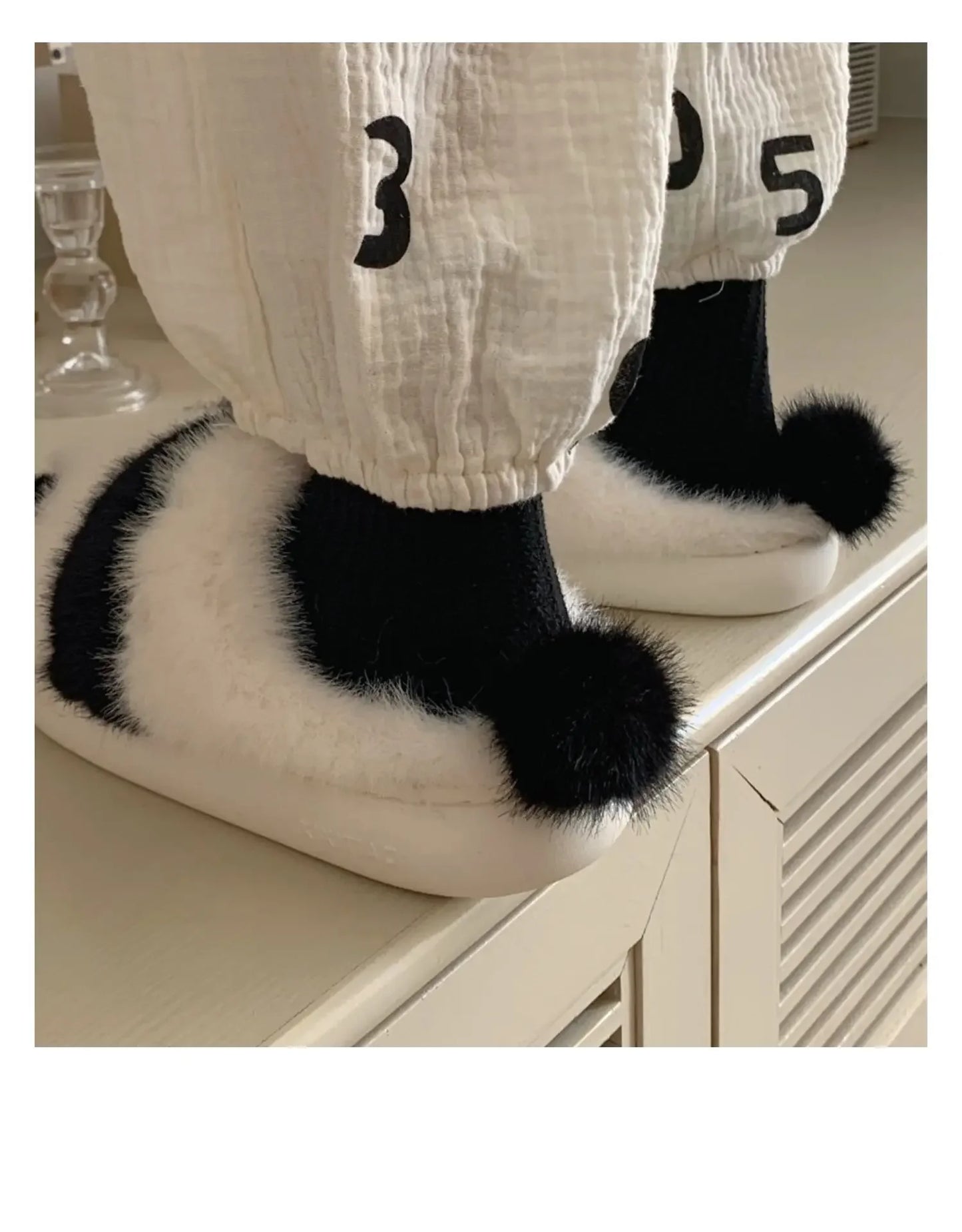 Cozy fluffy indoor Panda Slippers for winter for winter with platform sole women cute design