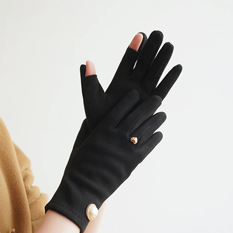 Women winter warm clamshell touch screen pearl gloves fashion elegant retro luxury fleece soft drive gloves
