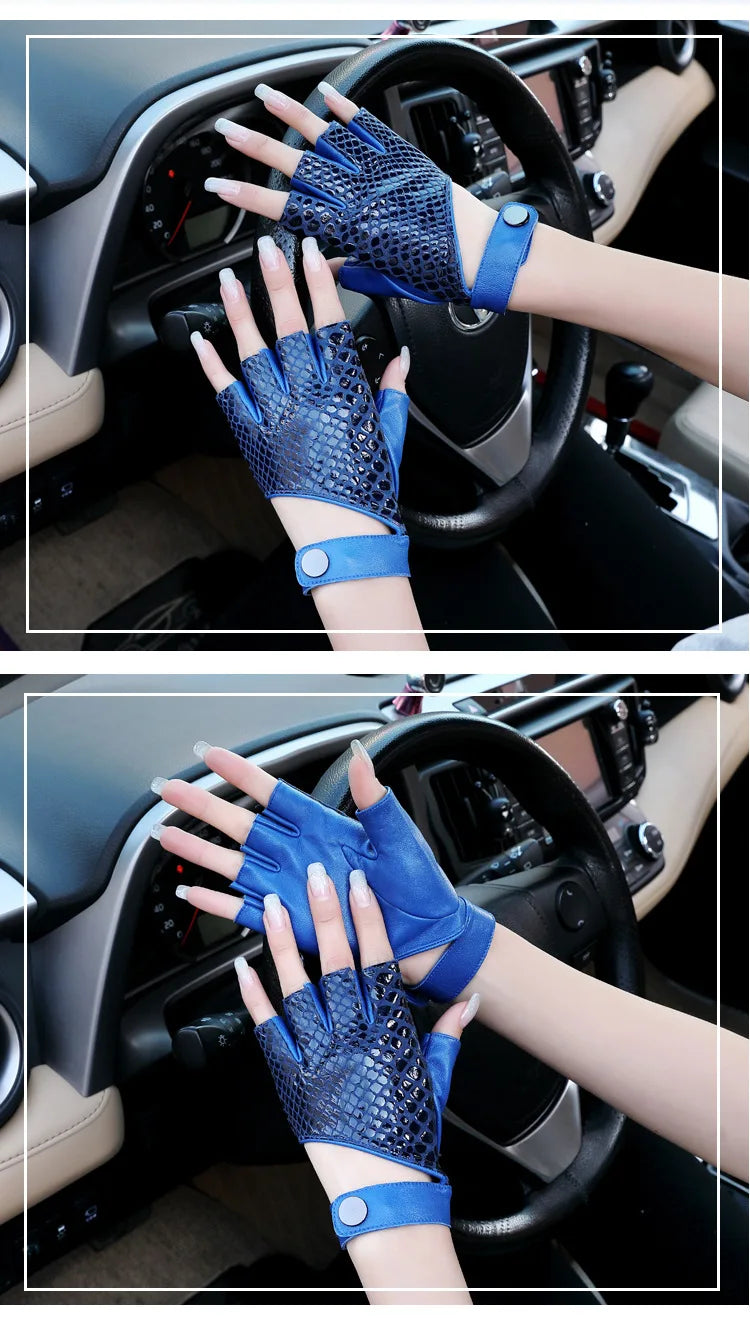 Gants mi-doigts en cuir urbain chic et nerveux pour femmes - fitness, sport, mode danse - dames conduite sans doigts, course, gants de moto moufles