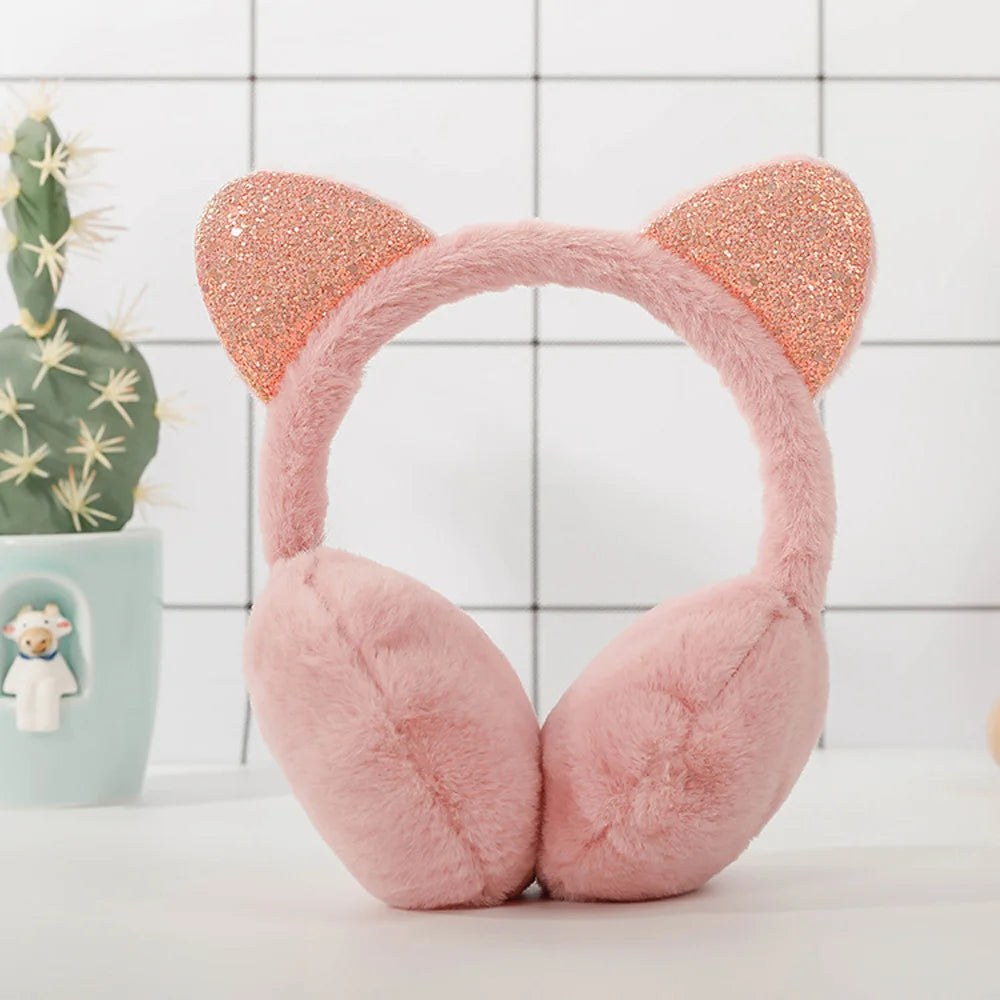 Whimsical winter vibes in 6 adorable colors in cute cat ear plush earmuffs for kids with shiny sequin headband